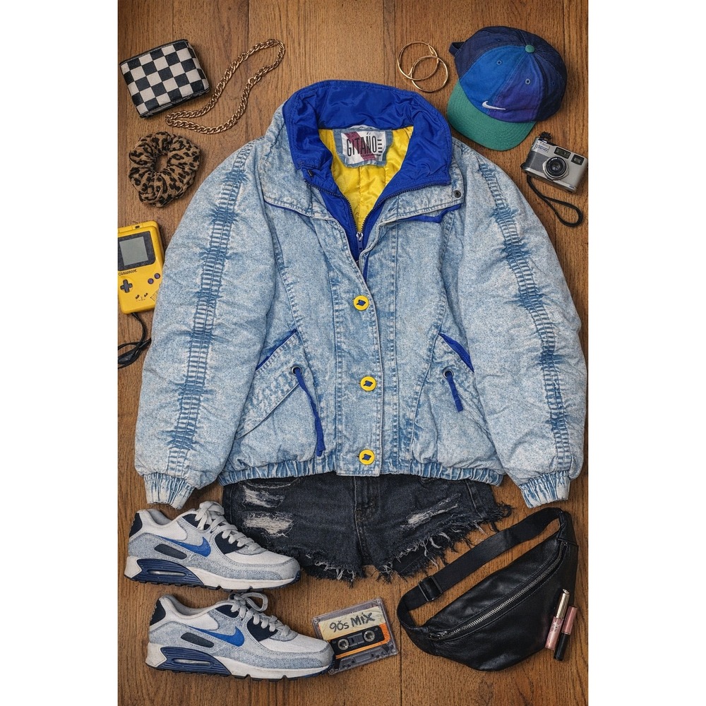 Vintage Gitano Acid Wash Denim Puffer Jacket Blue‎ Yellow 80s 90s Streetwear M
